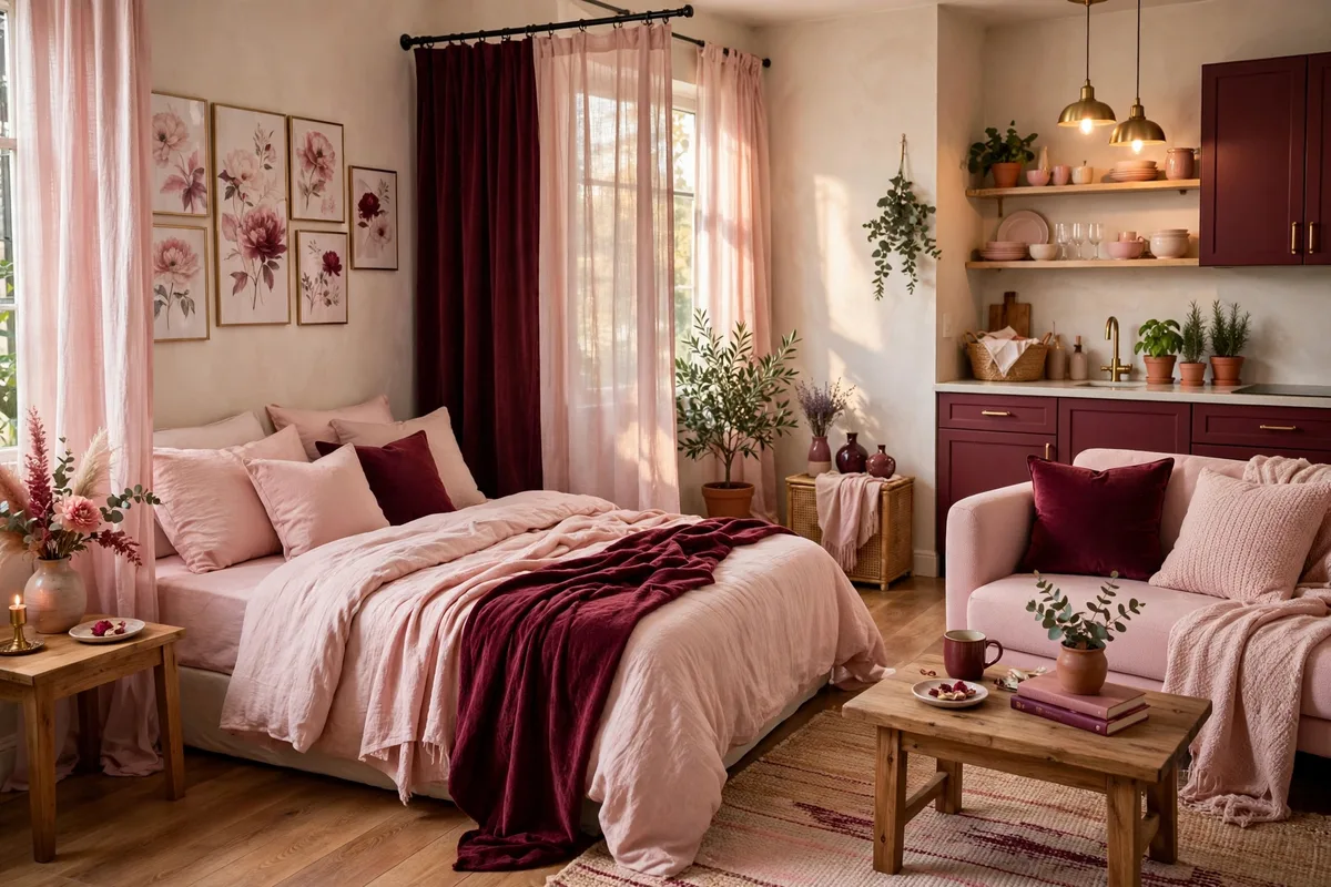 Burgundy and blush romantic color palette in a studio apartment