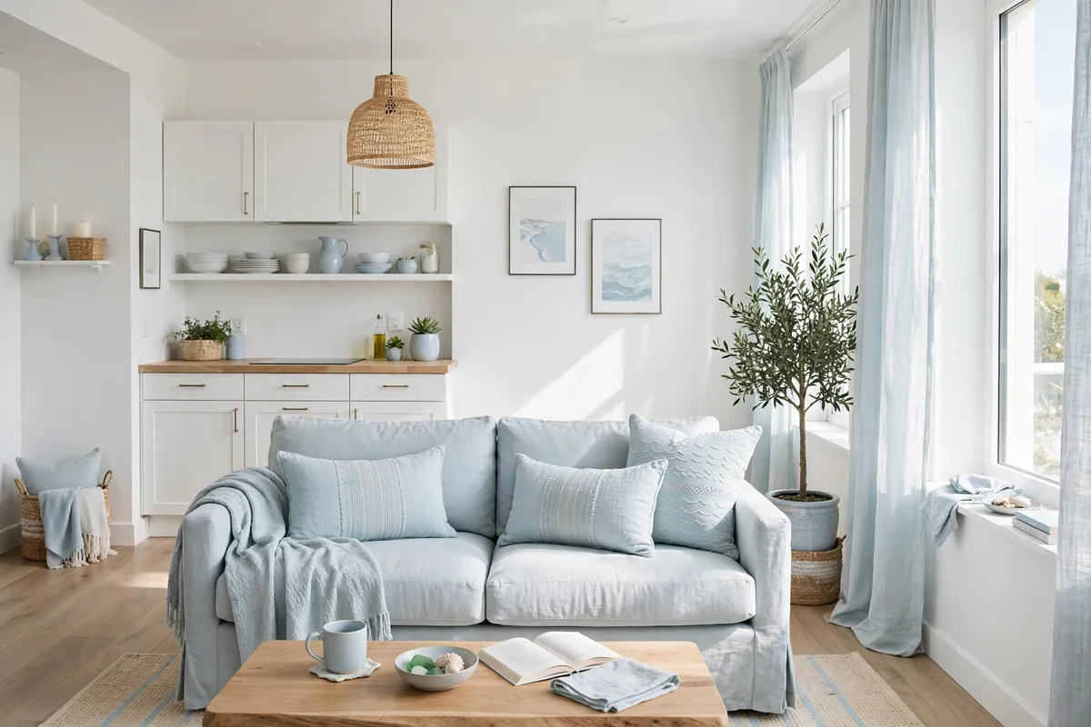 Crisp white and pale blue airy color scheme in a studio apartment