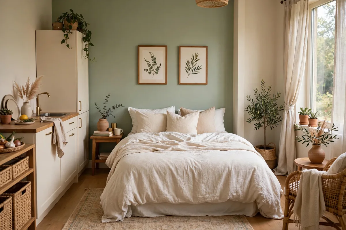 Soft sage green and warm white palette in a studio apartment