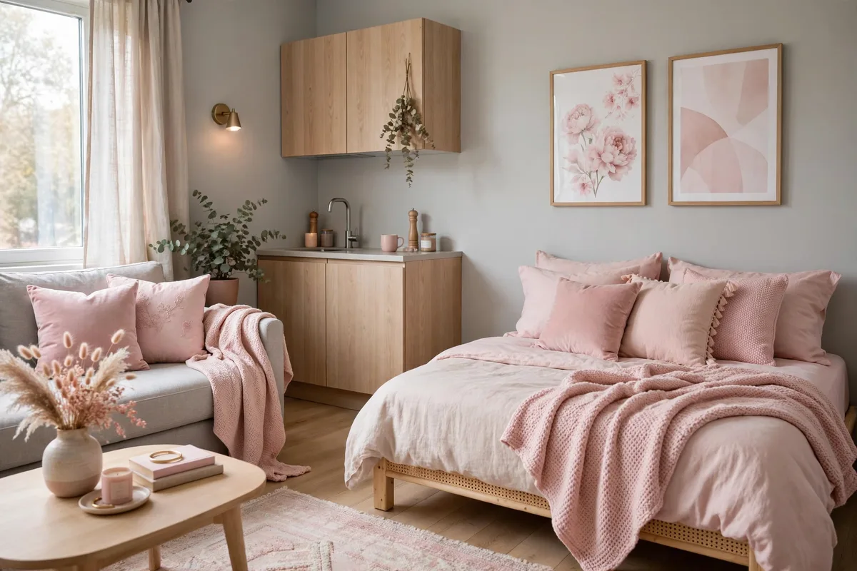 Pale gray and blush pink soft color scheme in a studio apartment