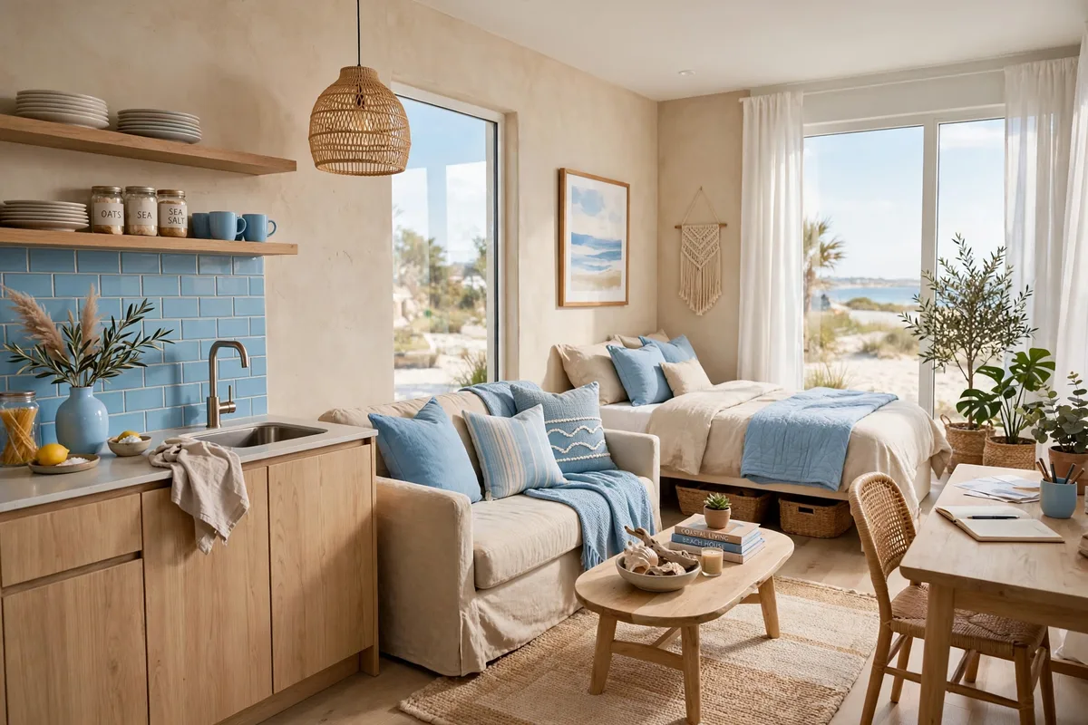 Sky blue and sandy neutrals calm palette in a studio apartment