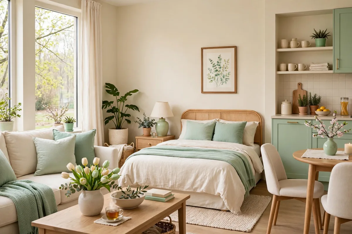 Mint green and cream fresh color scheme in a studio apartment