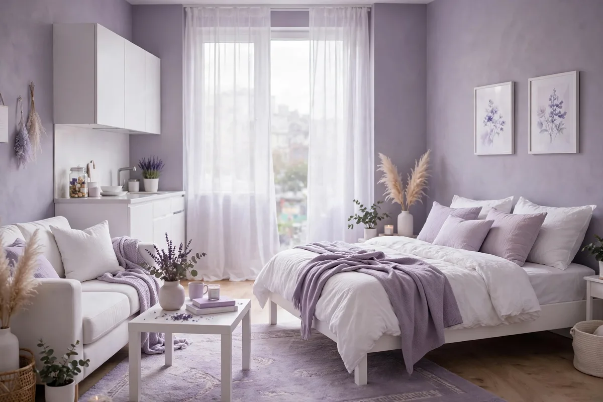Lavender gray and white serene palette in a studio apartment