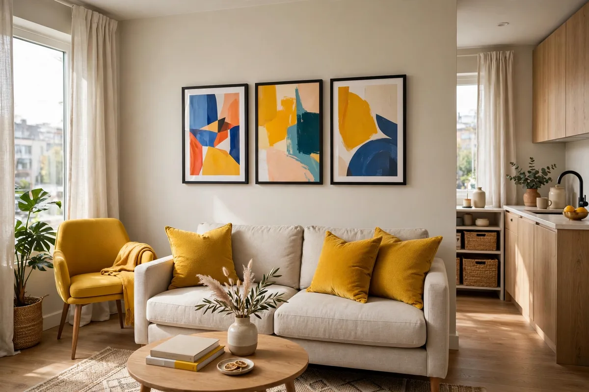 Mustard yellow accent pops in a neutral studio apartment color scheme