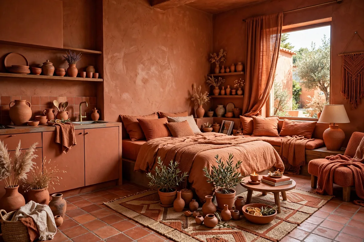 Full terracotta color scheme with clay tones in a studio apartment