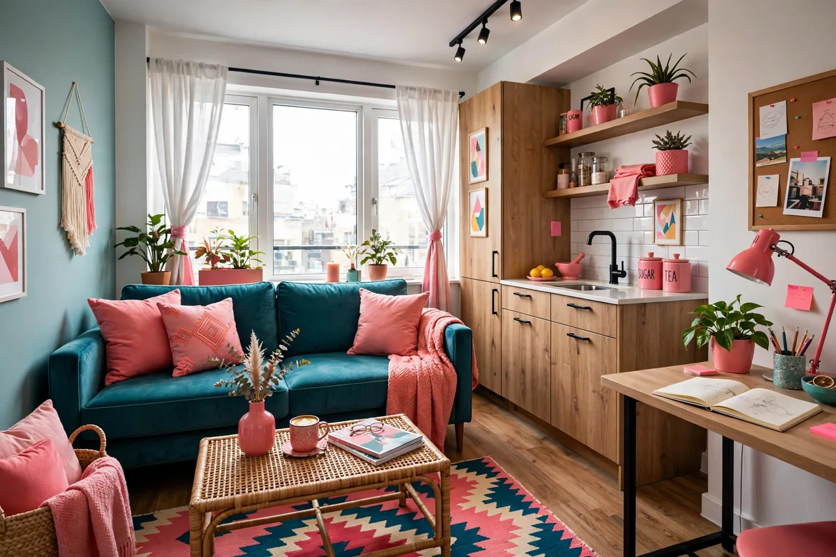 Teal and coral energetic accent color scheme in a studio apartment