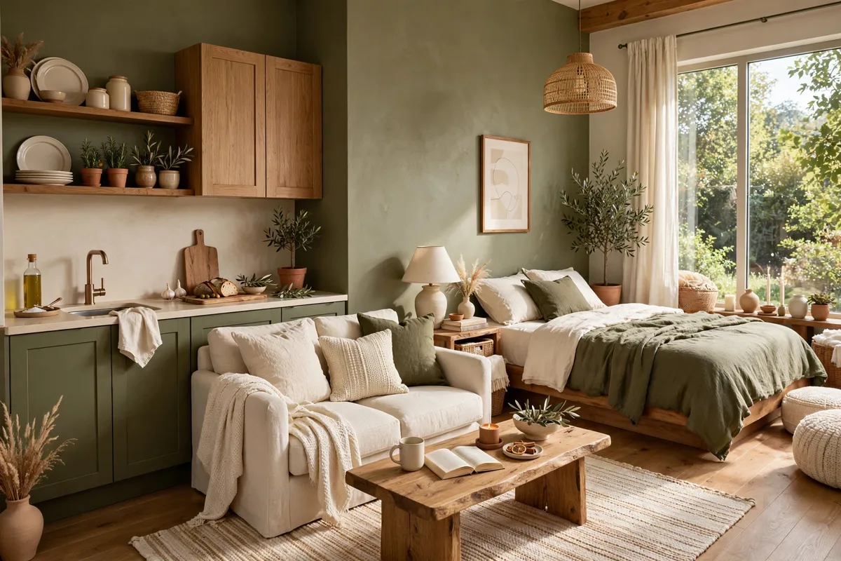 Olive green grounding color palette in a studio apartment