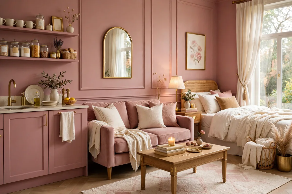 Dusty rose romantic accent color in a studio apartment
