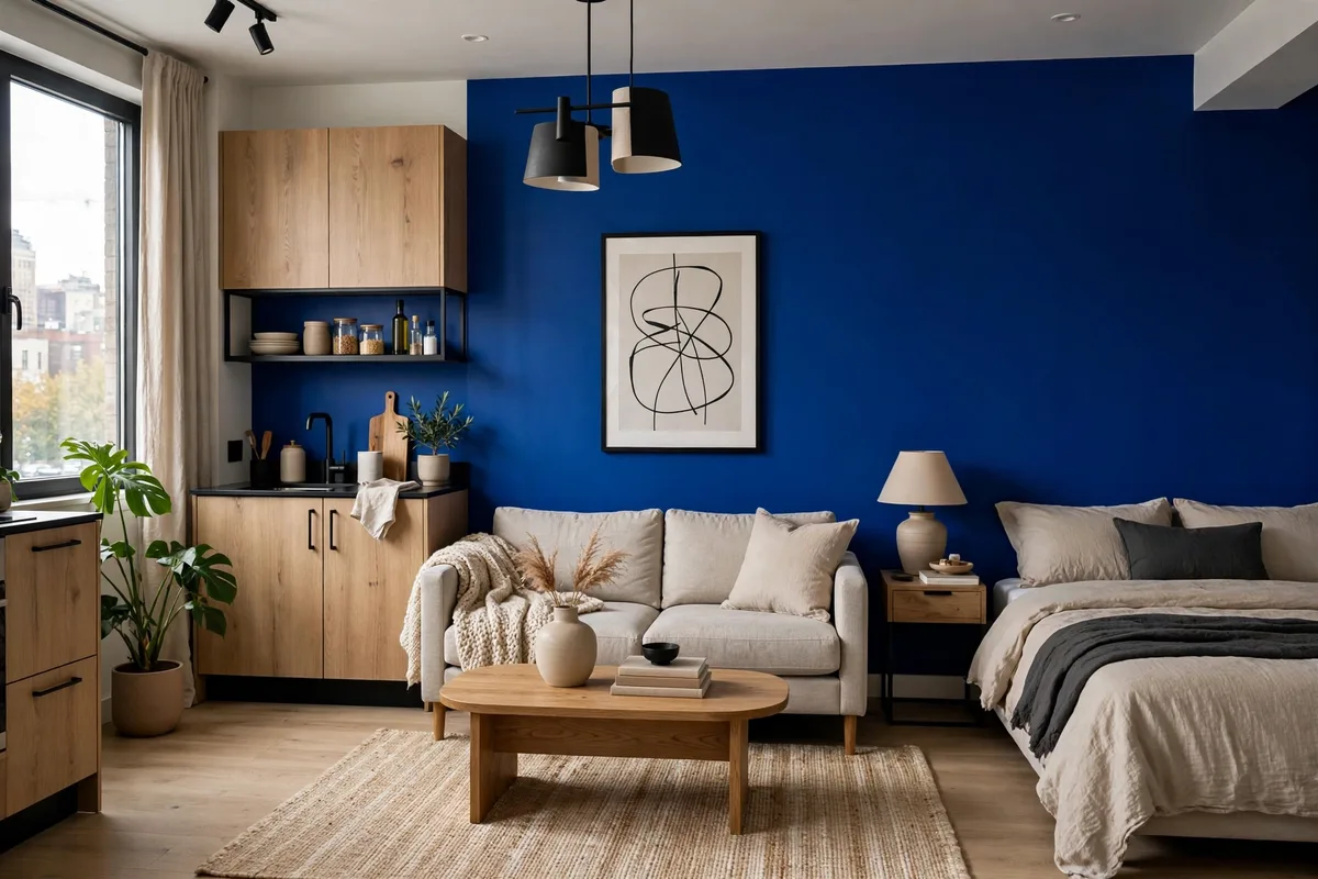 Cobalt blue statement piece in a neutral studio apartment
