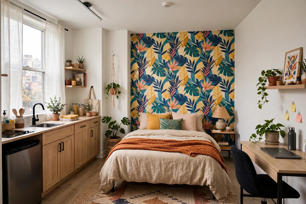 Peel-and-stick wallpaper adding bold color to a rental studio apartment