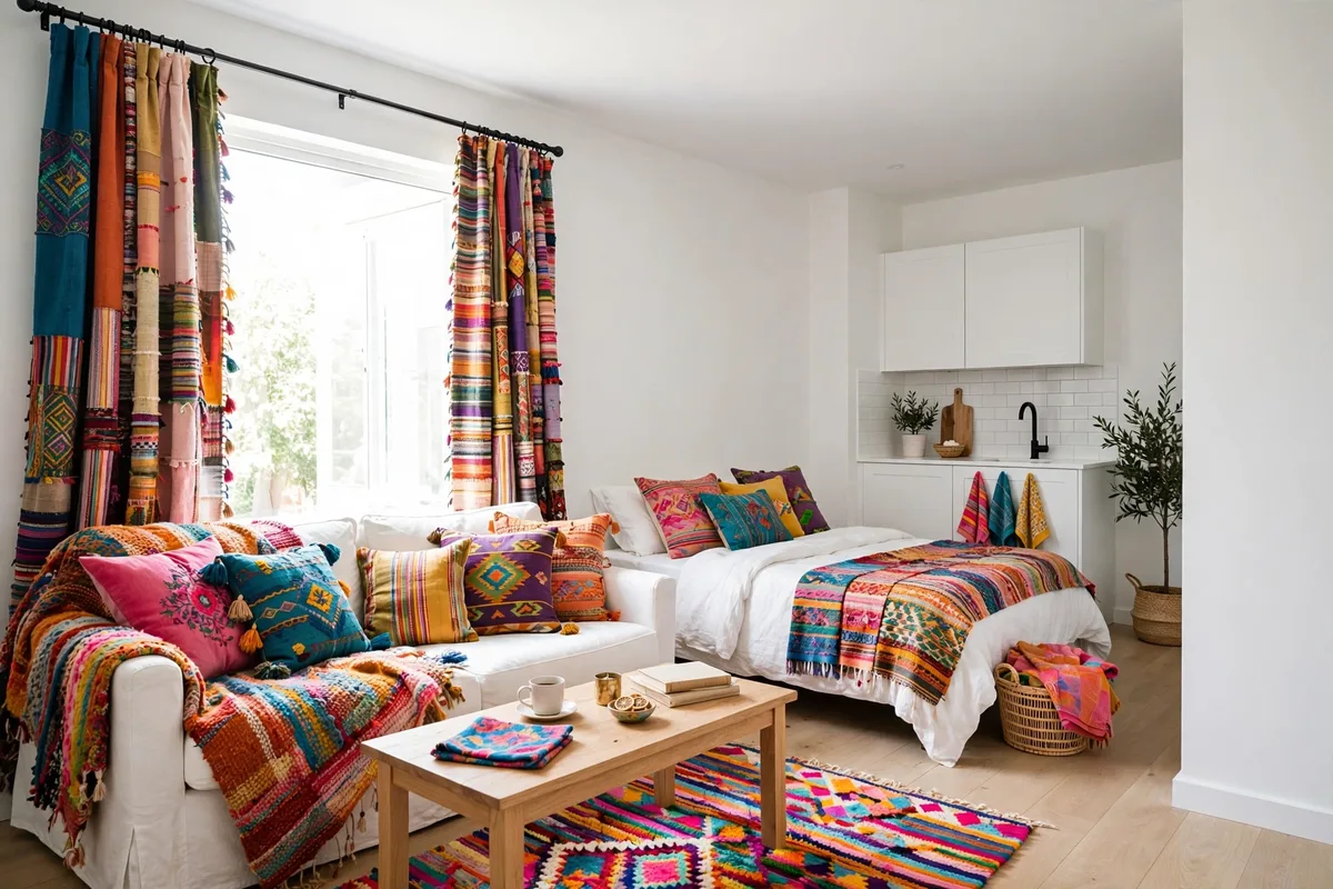 Studio apartment color scheme built entirely from textiles and fabrics