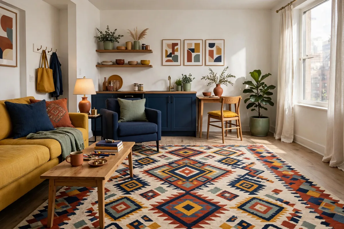 Bold patterned rug defining the color palette of a studio apartment