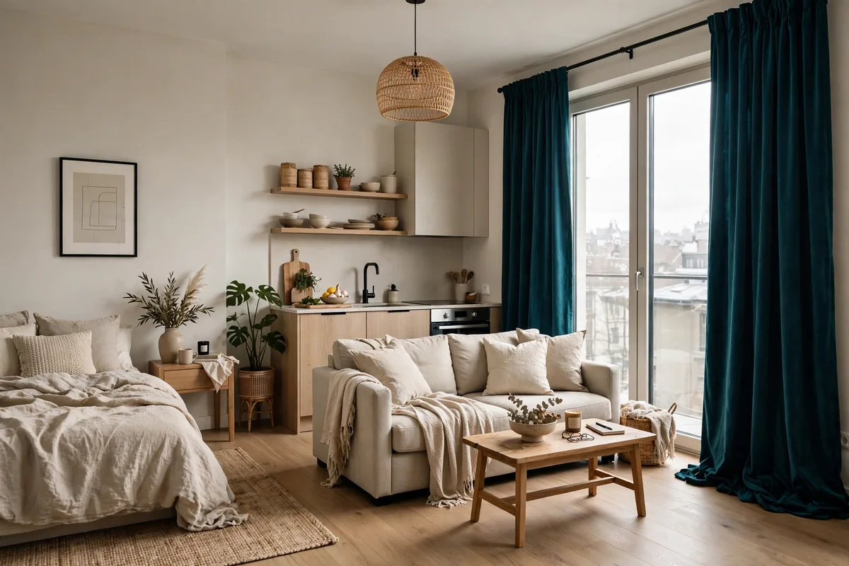 Rich colored floor-to-ceiling curtains as a removable accent wall in a studio