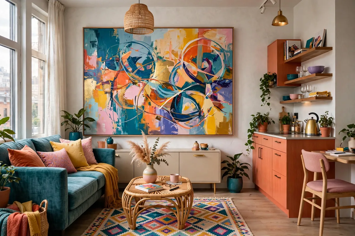 Large colorful artwork leading the color scheme of a studio apartment