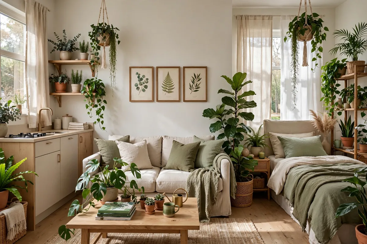 Lush green plants as the accent color in a white studio apartment