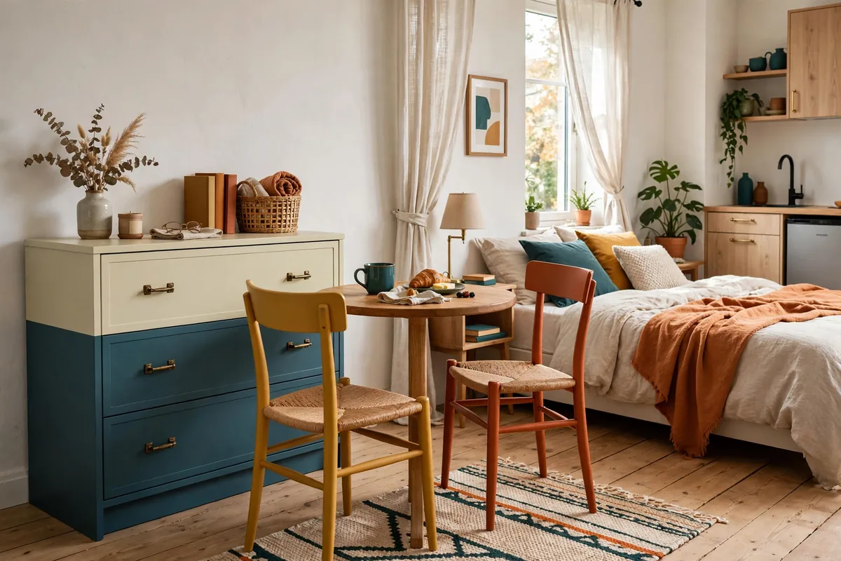 Two-tone color scheme created with painted furniture in a studio apartment