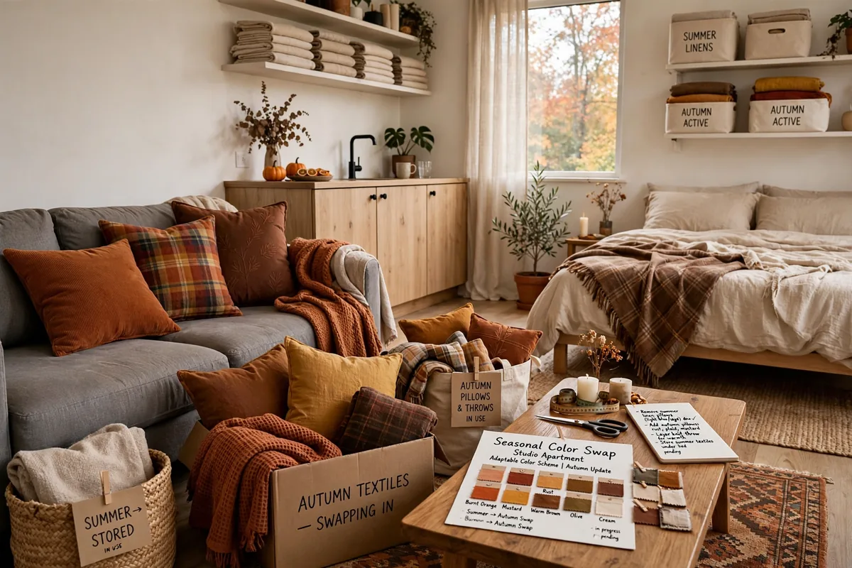 Seasonal accent color swap with autumn textiles in a studio apartment