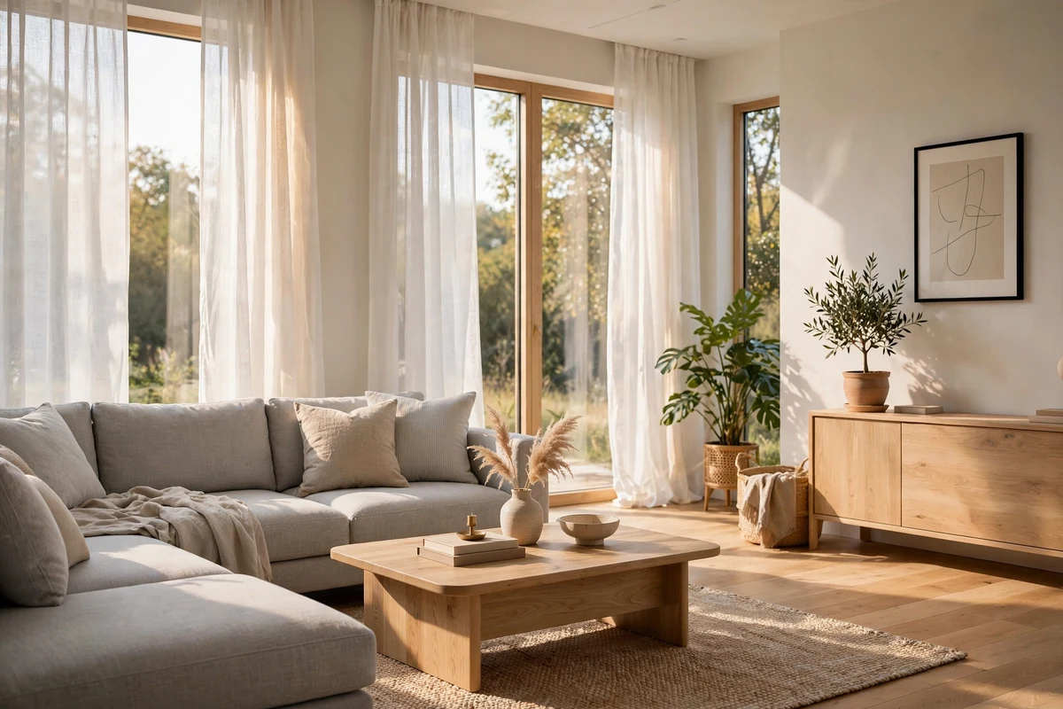 Contemporary living room with light gray sectional sofa and oak coffee table