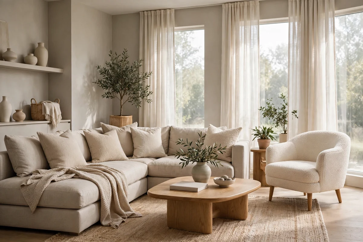 Contemporary living room with greige walls and boucle armchair
