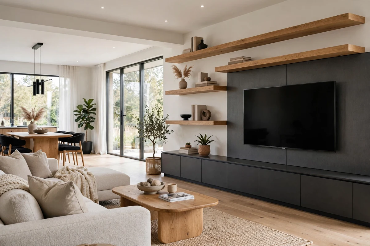 Contemporary living room with floating shelves and sleek media wall