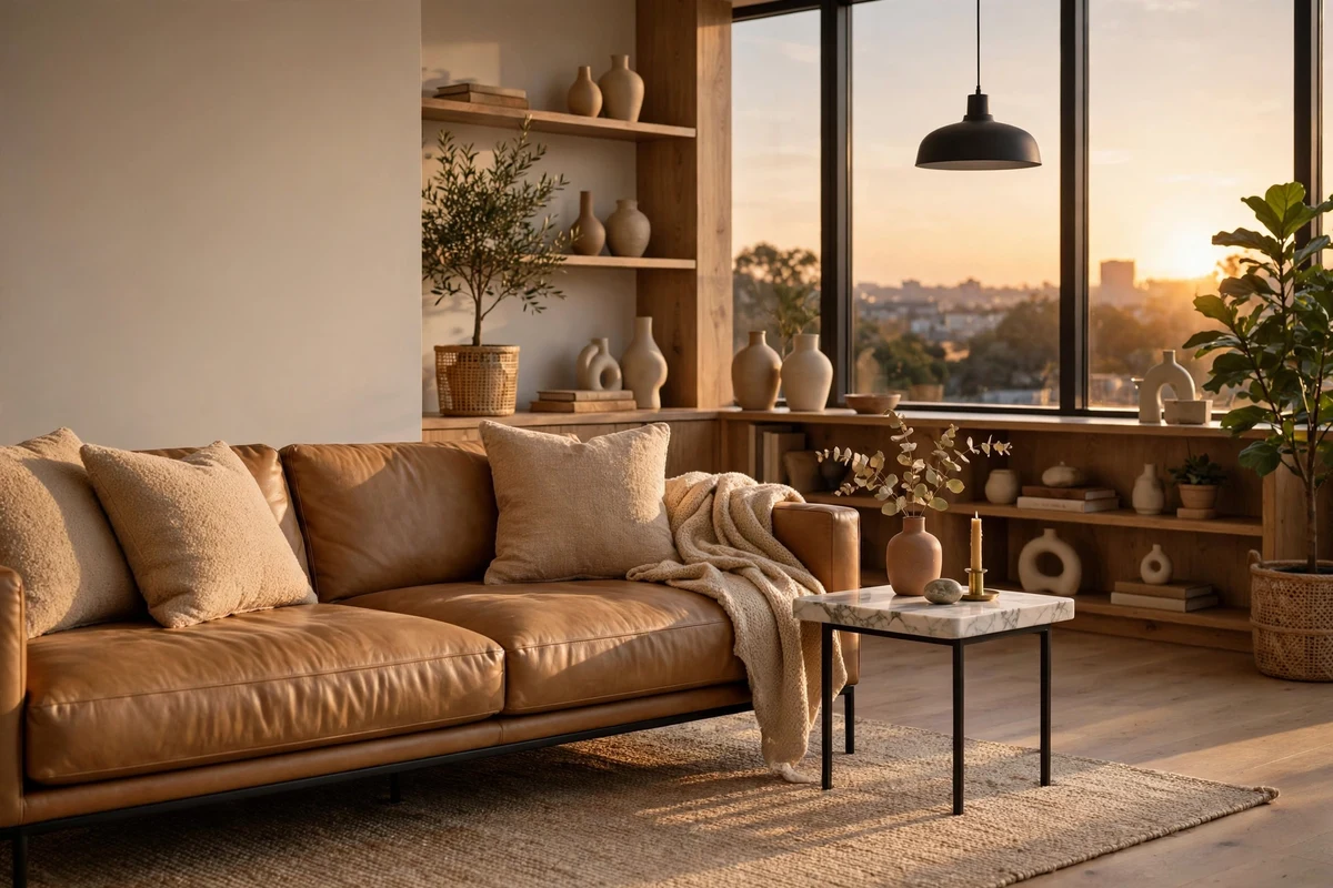 Contemporary living room with low camel leather sofa on black legs