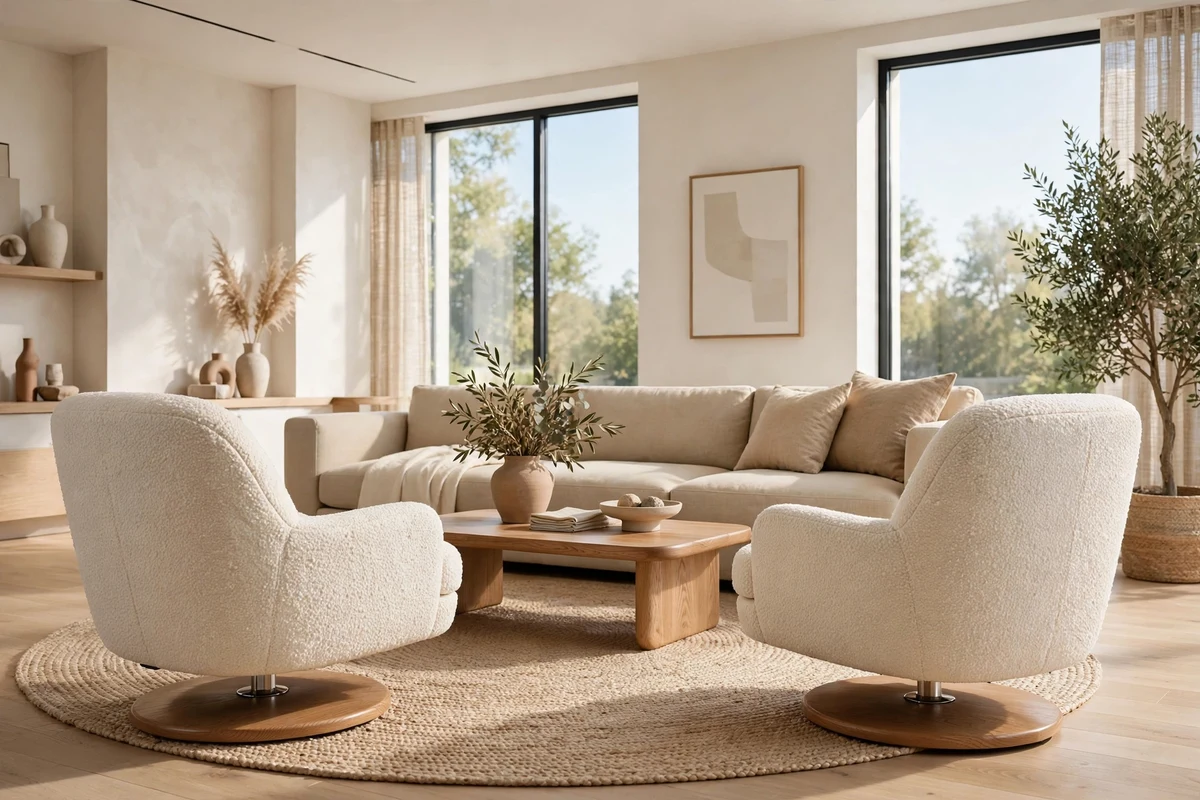 Contemporary living room with pair of boucle swivel chairs