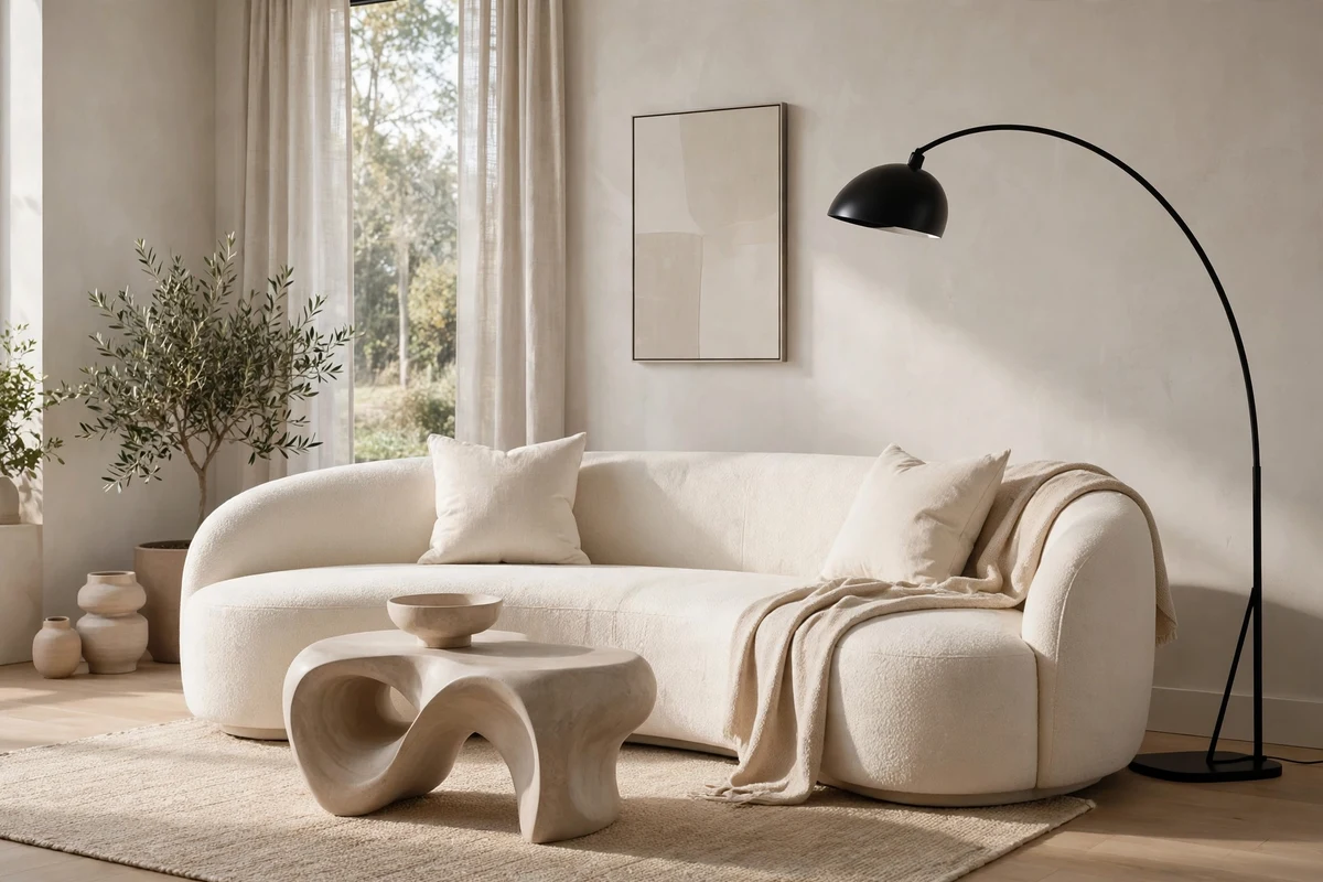 Contemporary living room with cream curved sofa and arc lamp