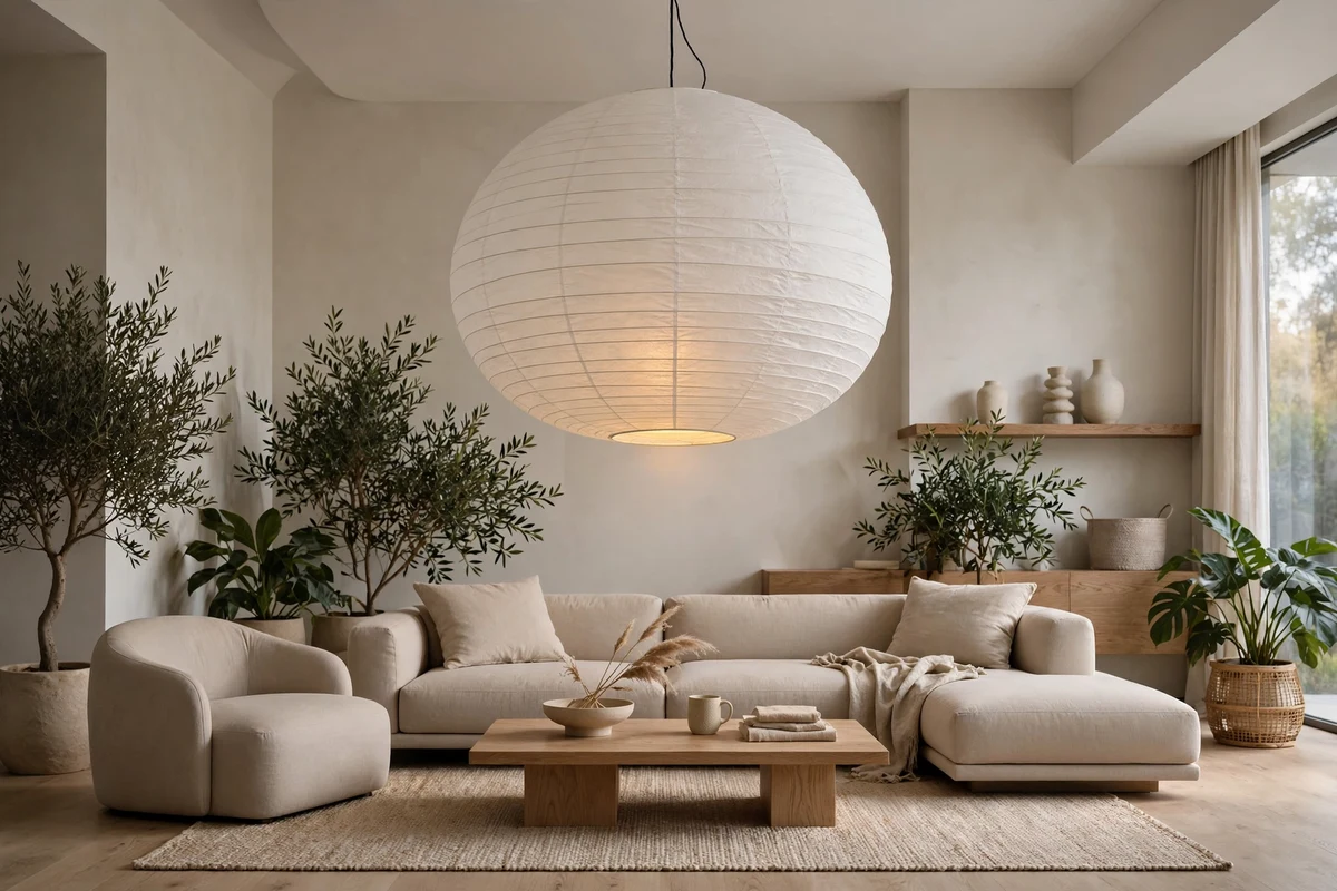 Contemporary living room with oversized paper pendant light