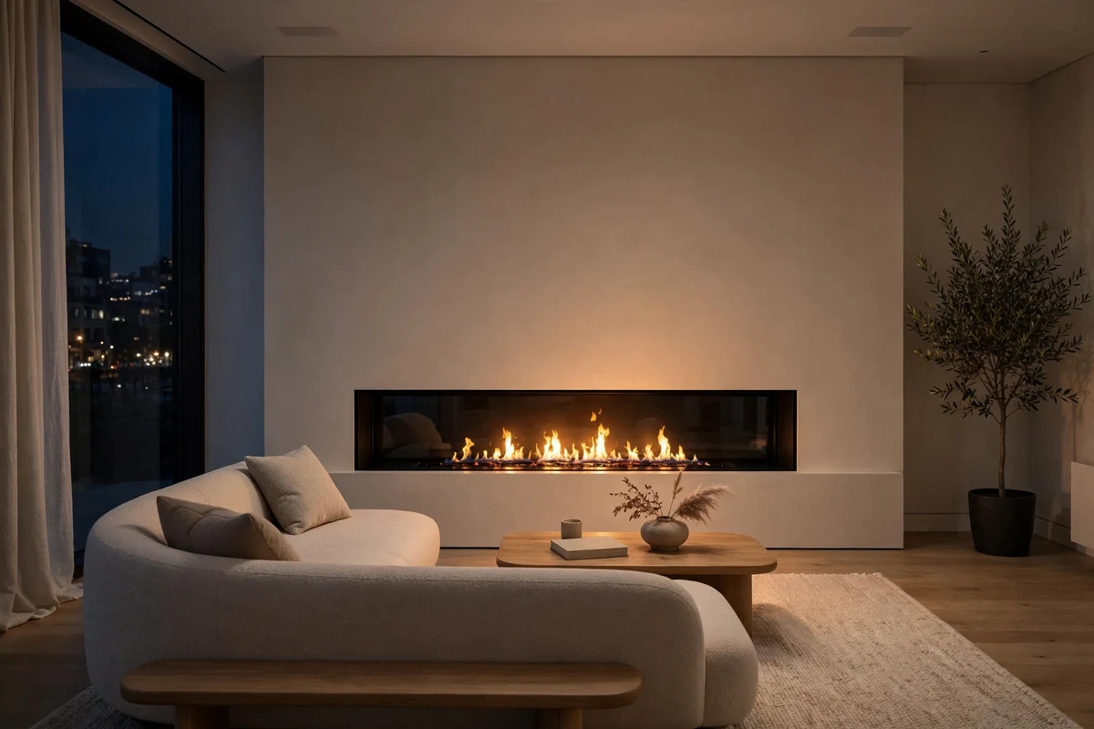 Contemporary living room with linear gas fireplace in plaster wall