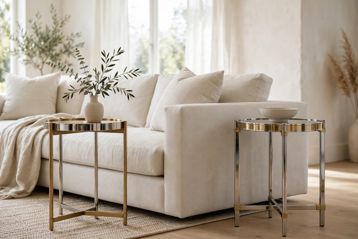 Contemporary living room with brass and chrome side tables