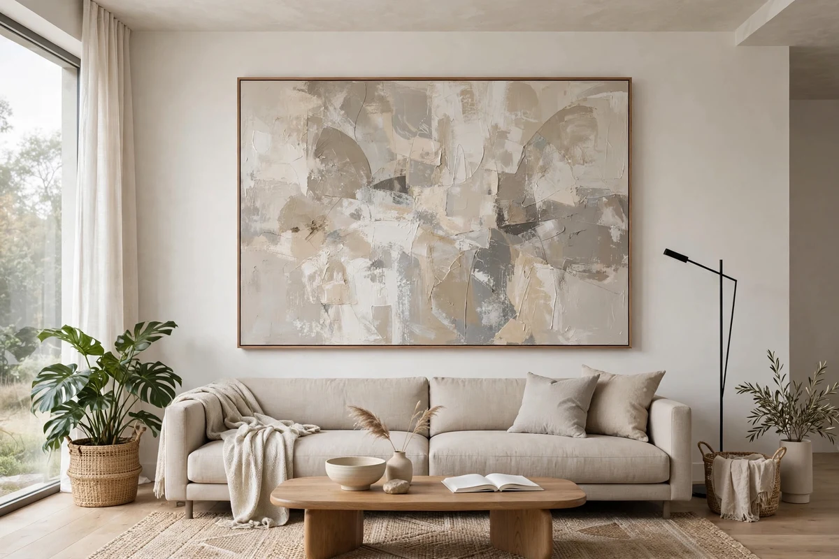 Contemporary living room with oversized abstract painting above sofa