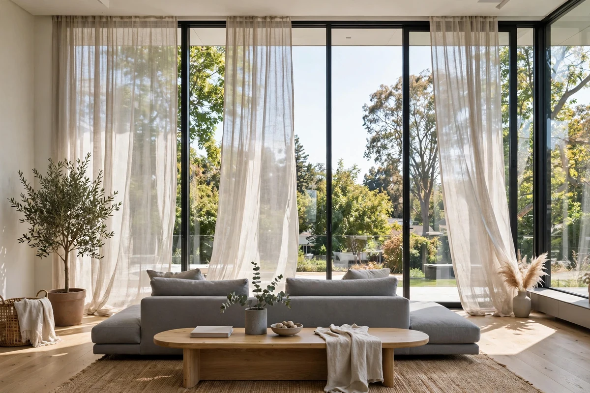 Contemporary living room with floor-to-ceiling windows and linen sheers