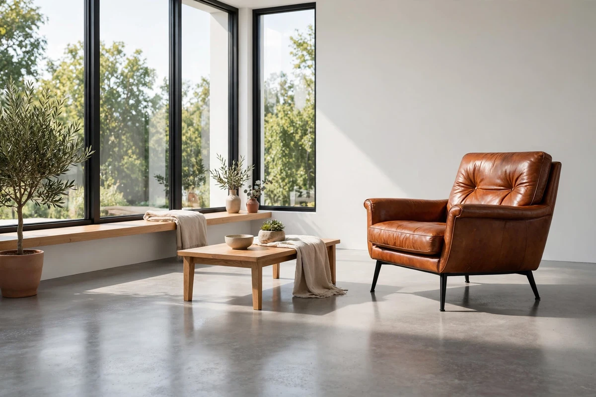 Contemporary living room with polished concrete floors and leather chair