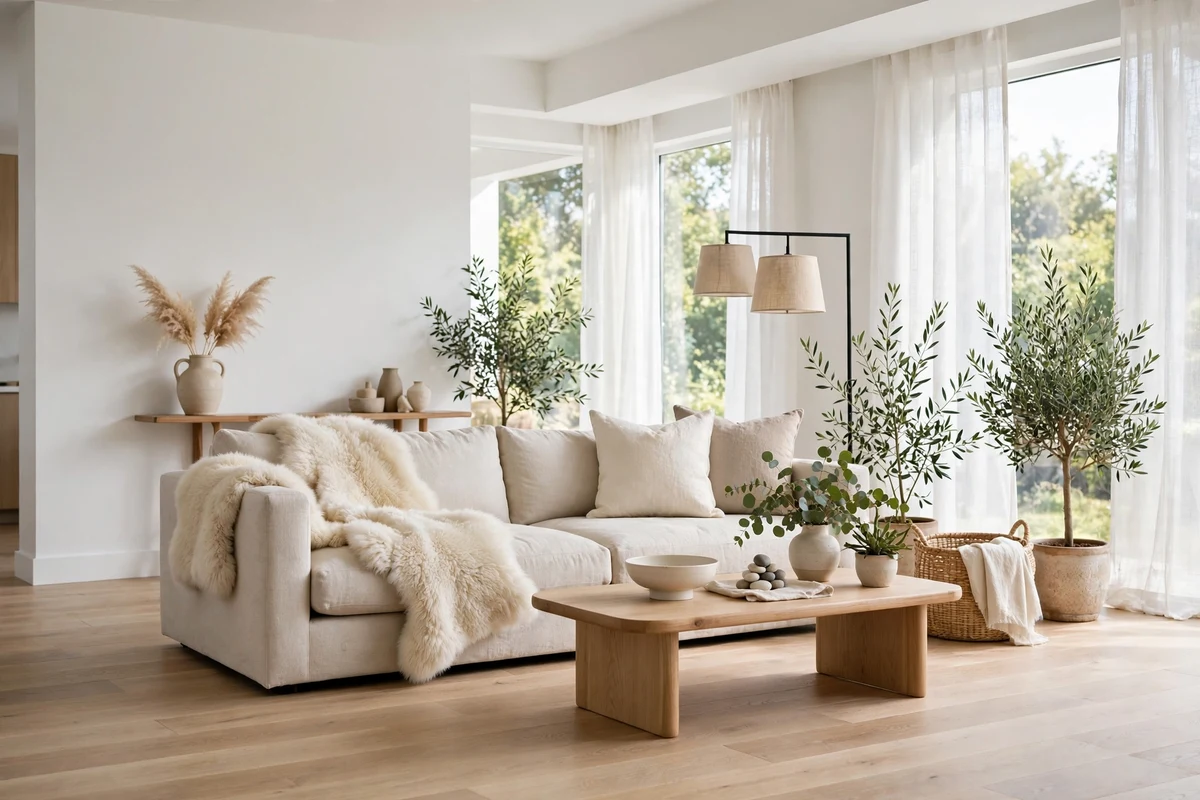 Contemporary living room with light oak floors and linen sofa
