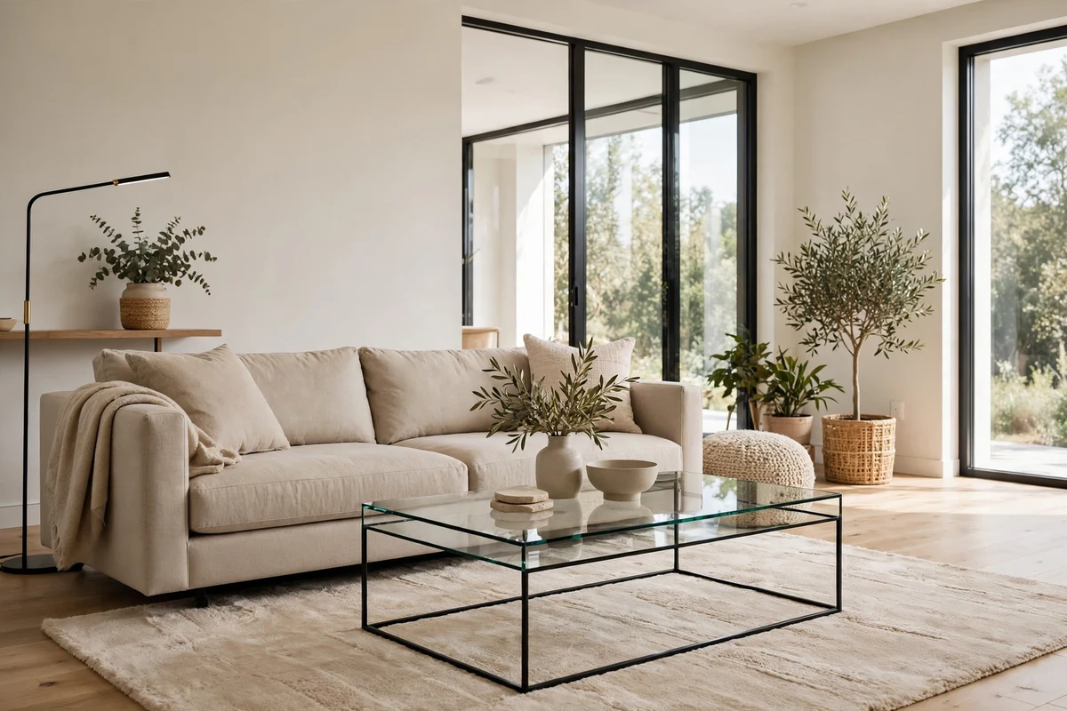 Contemporary living room with clear glass coffee table