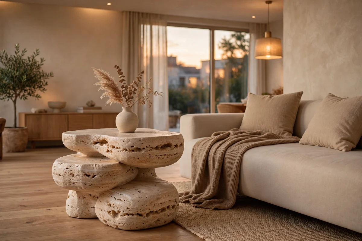 Contemporary living room with sculptural travertine side table