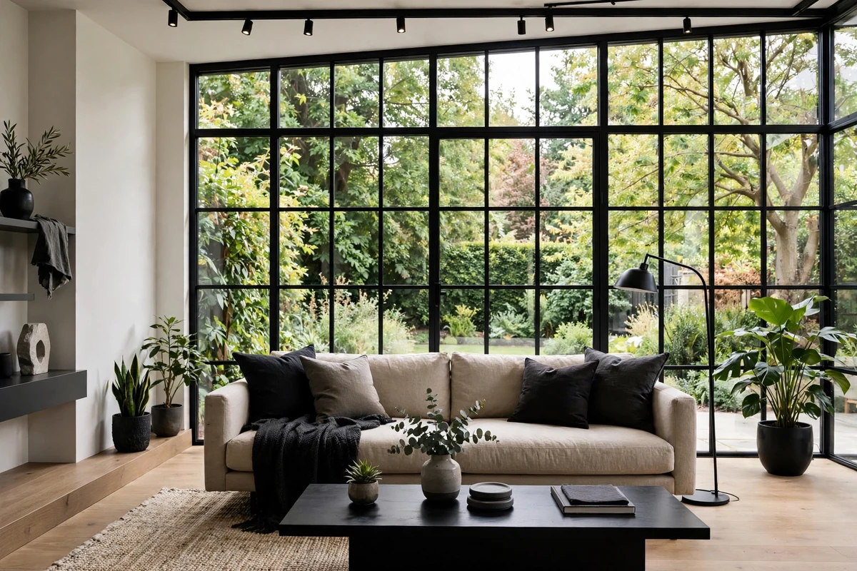 Contemporary living room with black steel framed windows