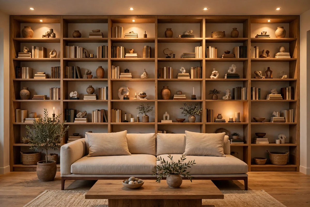 Contemporary living room with built-in shelving and curated objects