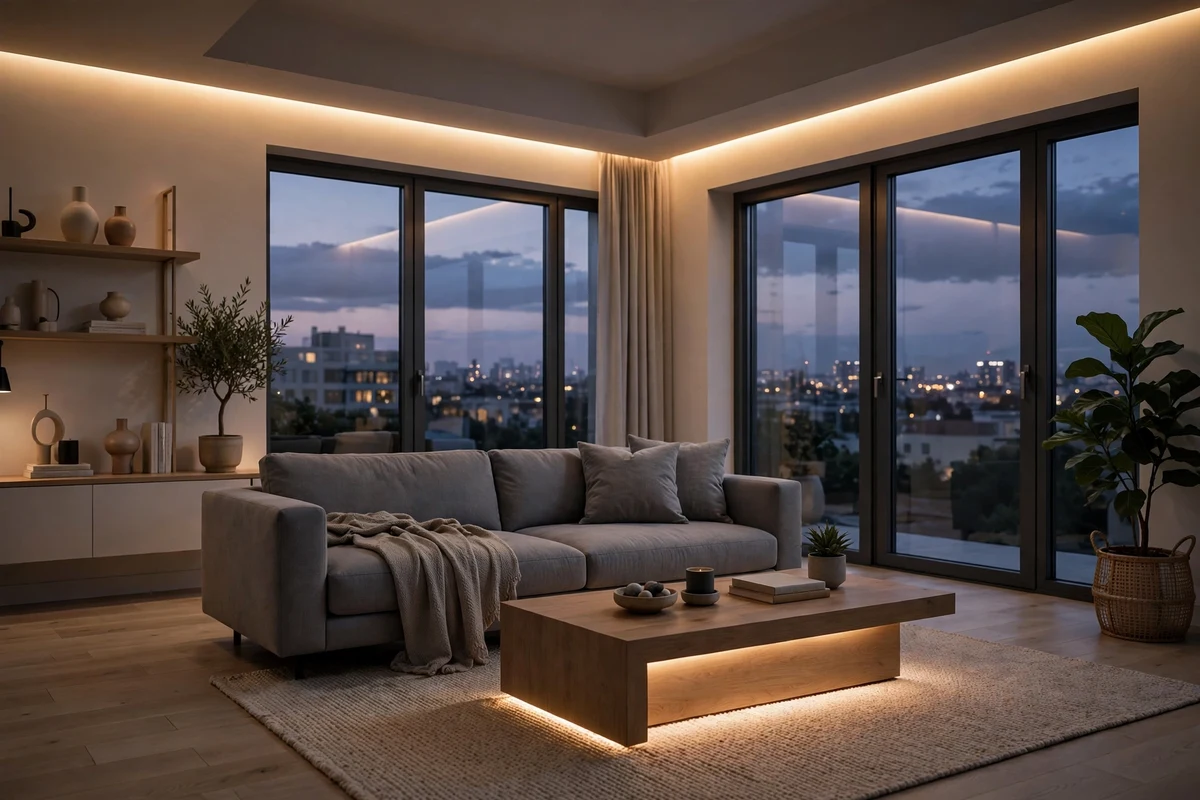 Contemporary living room with warm cove lighting at dusk