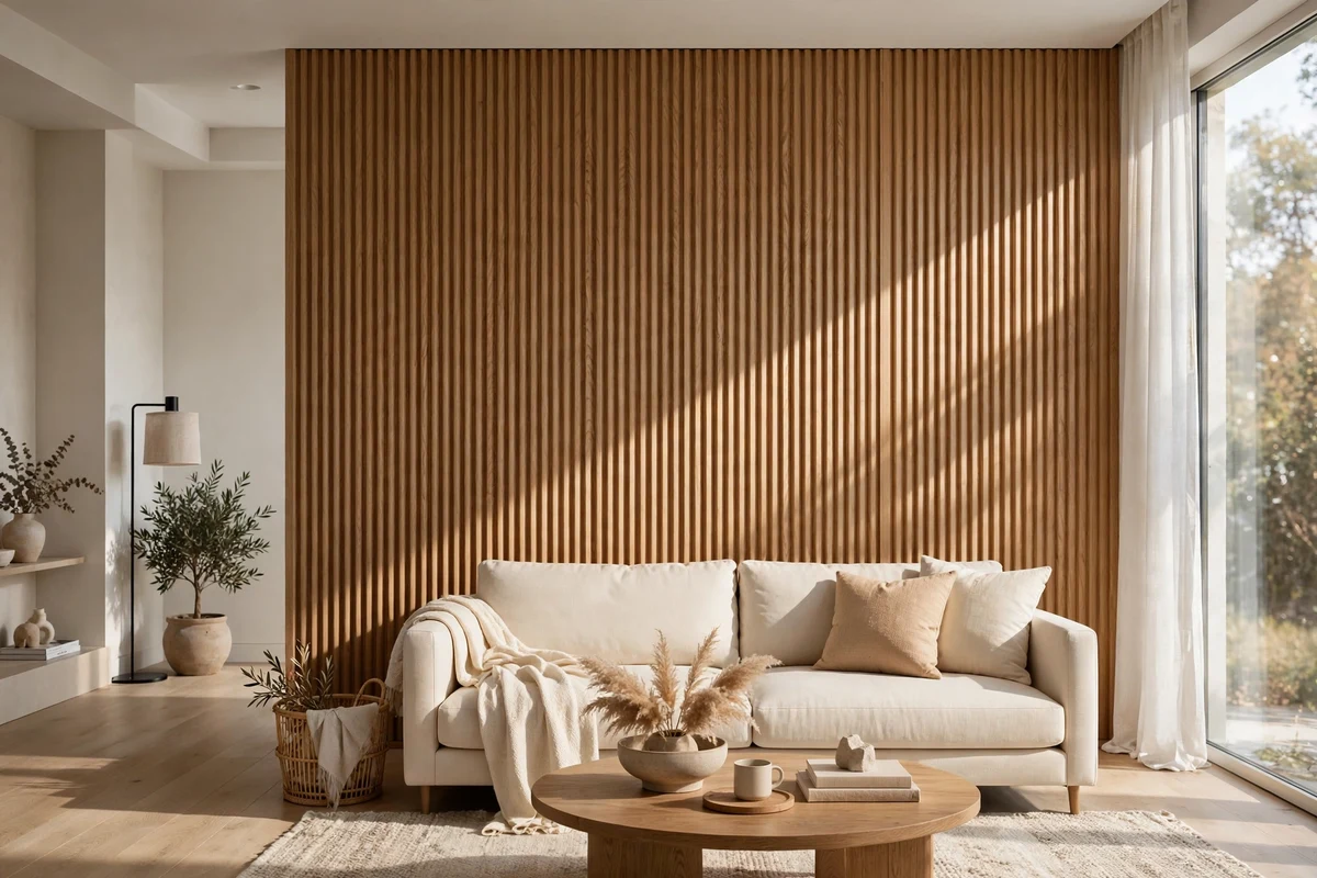 Contemporary living room with fluted oak panel accent wall