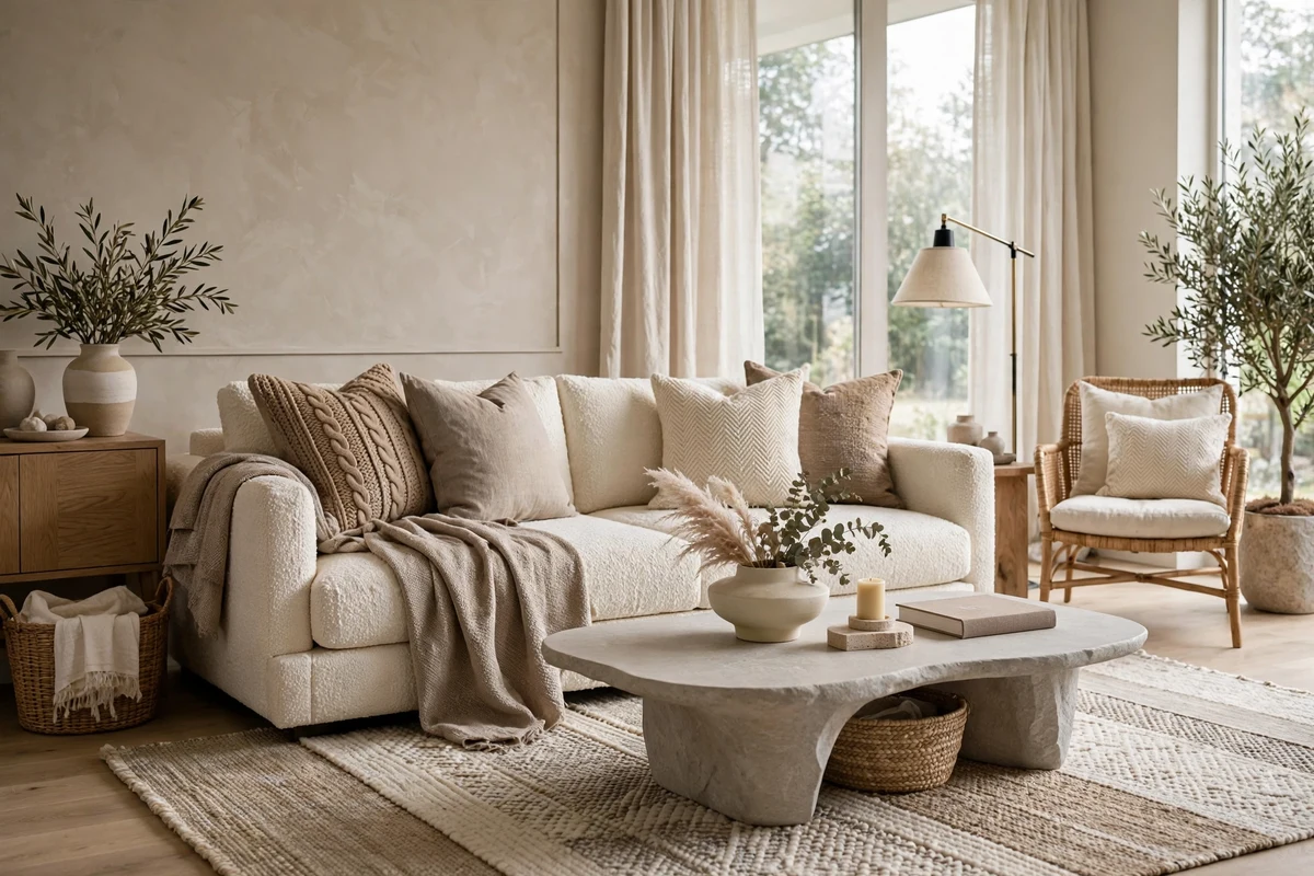 Contemporary living room with layered cream and taupe neutrals