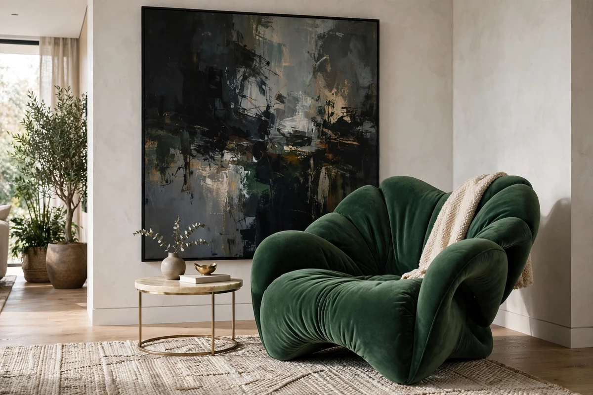 Contemporary living room with sculptural green velvet lounge chair