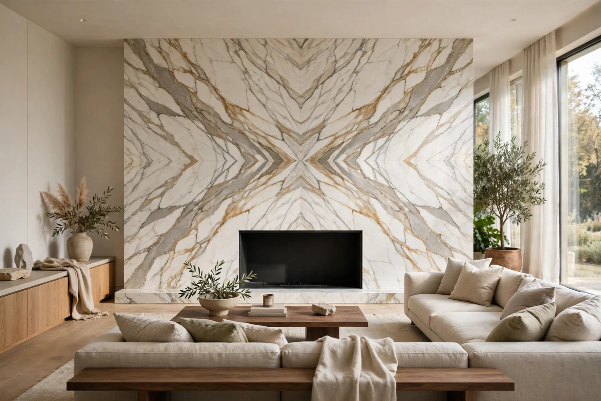 Contemporary living room with bookmatched marble fireplace wall