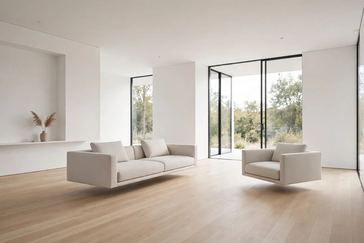 Minimalist contemporary living room with bare wood floors