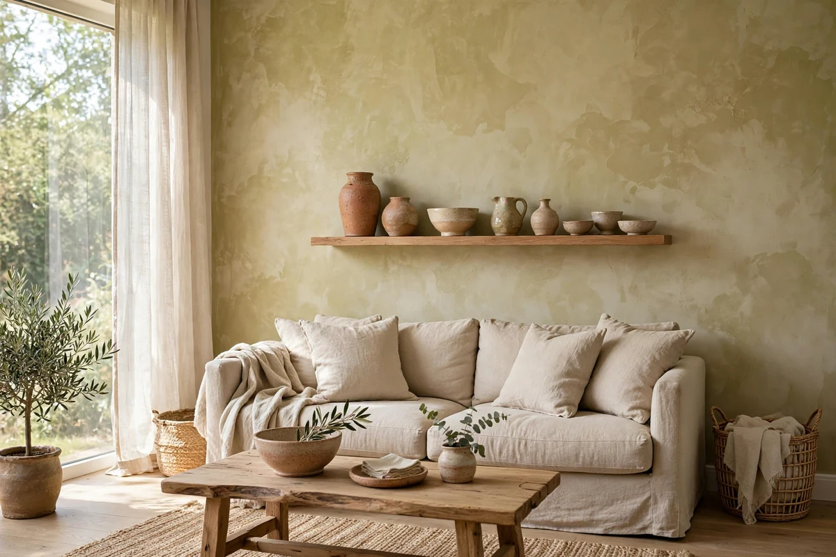 Contemporary living room with textured limewash plaster walls