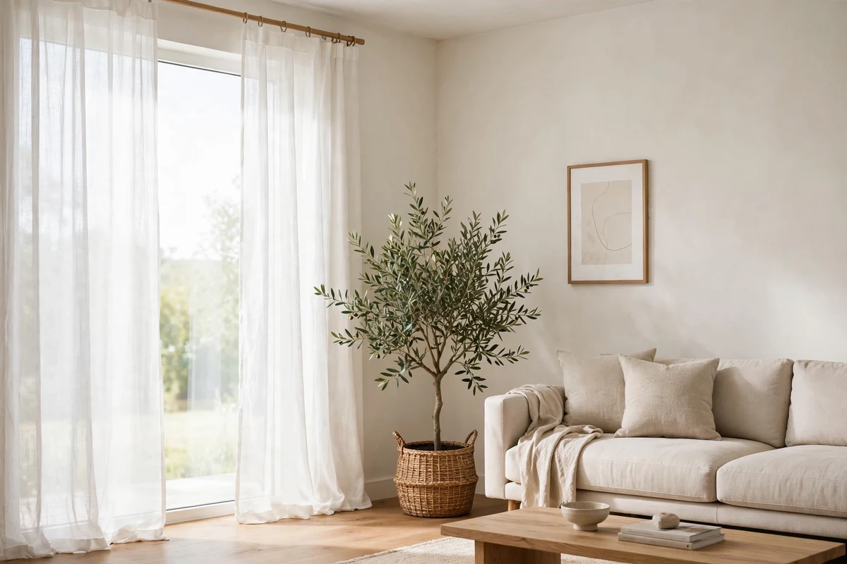 Contemporary living room corner with potted olive tree