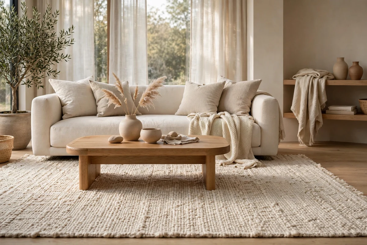 Contemporary living room with handwoven cream wool rug