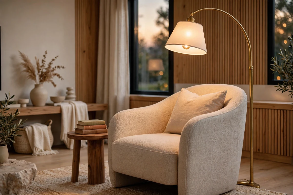 Contemporary living room reading nook with lounge chair and lamp
