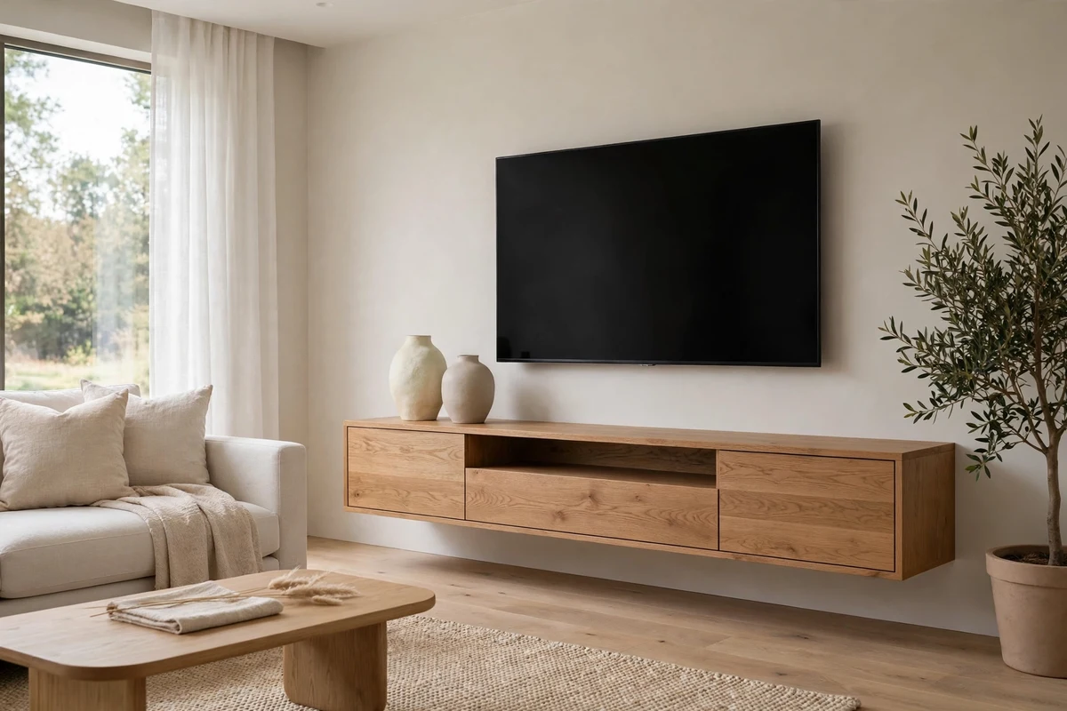 Contemporary living room with floating oak media console