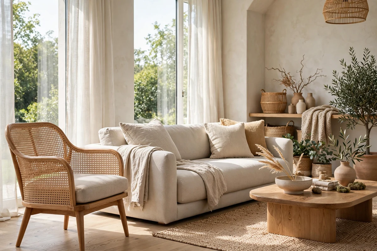 Contemporary living room with cane webbing accent chair